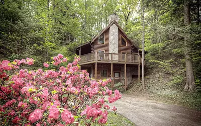 A wonderful log cabin in Pigeon Forge TN with flowers growing out front.