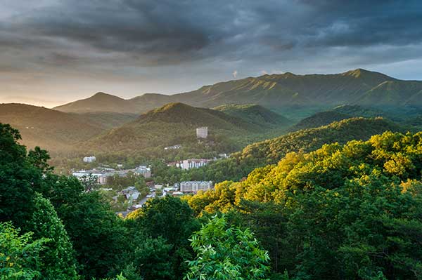 The city of Gatlinburg TN in the mountains at dawn.