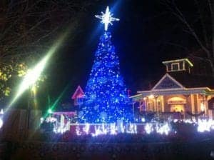 A stunning lighted Christmas tree at Dollywood during the Smoky Mountain Christmas Festival.