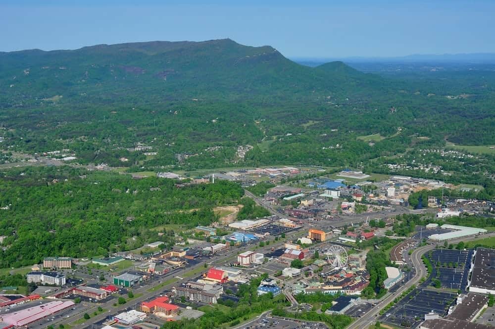 Aerial view of the Parkway in Pigeon Forge.