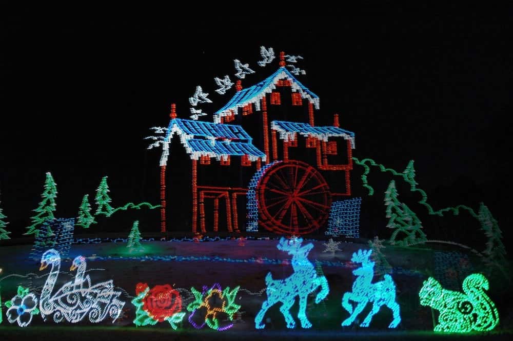 A Winterfest light display depicting The Old Mill in Pigeon Forge.