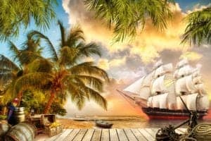 pirate ship and palm trees