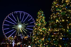 the great smoky mountain wheel at the island at night during christmas
