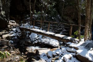 snowy footbridge on Alum Cave Trail